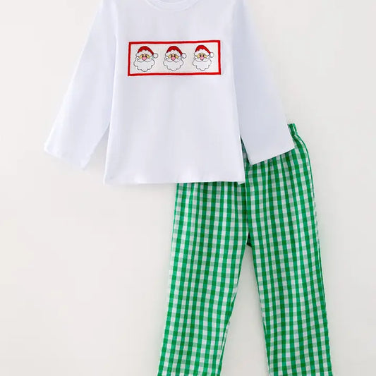 Christmas Santa Claus Smocked Green Plaid Embroidery Set