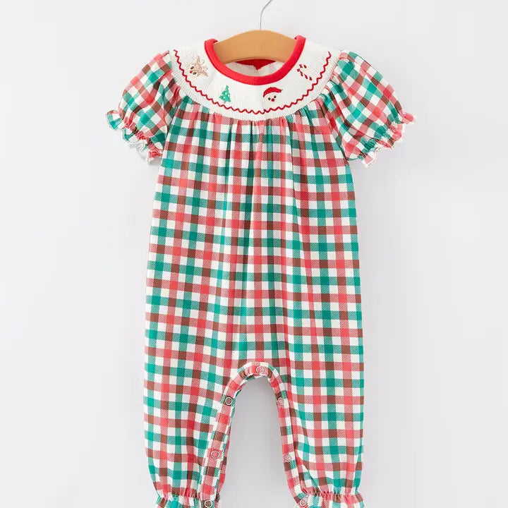 Christmas Plaid Smocking Embroidered Girls Romper