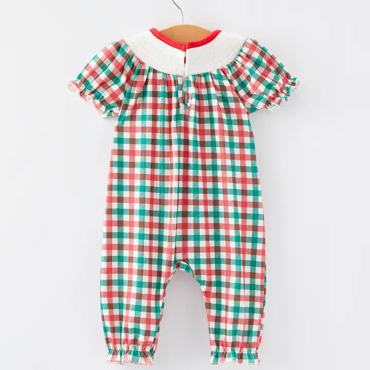 Christmas Plaid Smocking Embroidered Girls Romper