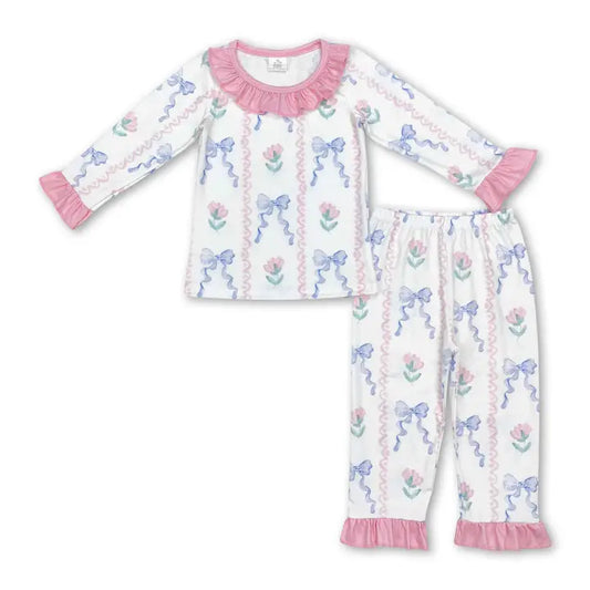 Pink Ruffle Floral Bow Bamboo Pajamas