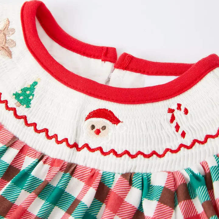 Christmas Plaid Smocking Embroidered Girls Romper